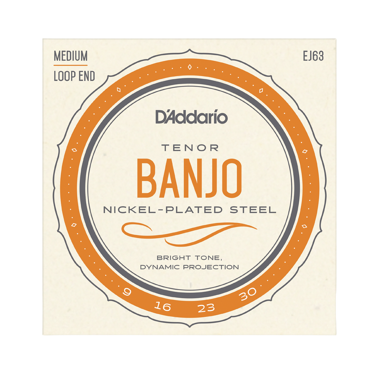 D'Addario Tenor Banjo Nickel-Plated Steel guitar strings package, size Medium Loop End (EJ63), featuring orange, gray, and black text on a cream-colored background.