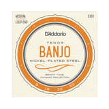 D'Addario Tenor Banjo Nickel-Plated Steel guitar strings package, size Medium Loop End (EJ63), featuring orange, gray, and black text on a cream-colored background.