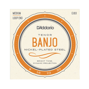 D'Addario Tenor Banjo Nickel-Plated Steel guitar strings package, size Medium Loop End (EJ63), featuring orange, gray, and black text on a cream-colored background.