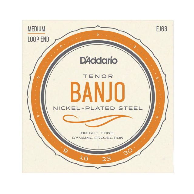D'Addario Tenor Banjo Nickel-Plated Steel guitar strings package, size Medium Loop End (EJ63), featuring orange, gray, and black text on a cream-colored background.