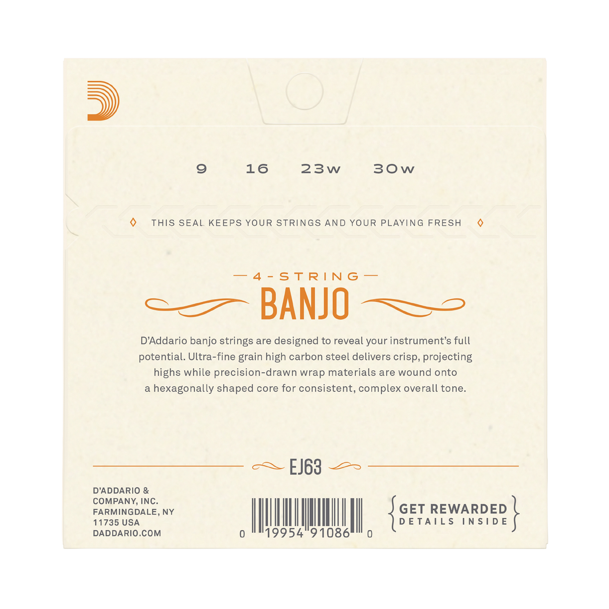 The back of a D'Addario Banjo 4-string guitar string package, showing string gauges 9, 16, 23w, and 30w on a cream-colored background with orange text and graphics.