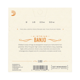 The back of a D'Addario Banjo 4-string guitar string package, showing string gauges 9, 16, 23w, and 30w on a cream-colored background with orange text and graphics.