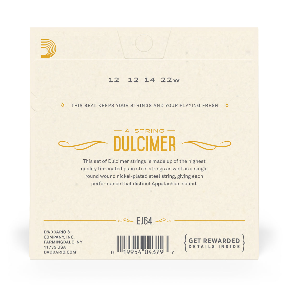 Back of packaging for D'Addario's dulcimer strings with brand and producdt details.