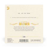 Back of packaging for D'Addario's dulcimer strings with brand and producdt details.