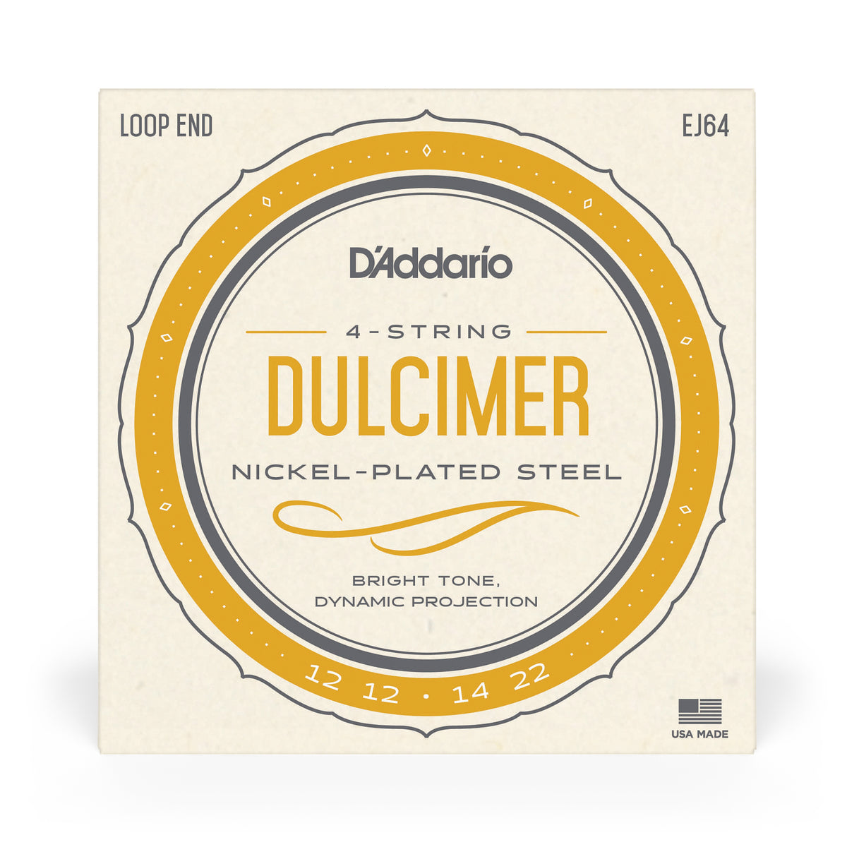 Front of packaging for D'Addario's EJ64 dulcimer strings with brand and product details.