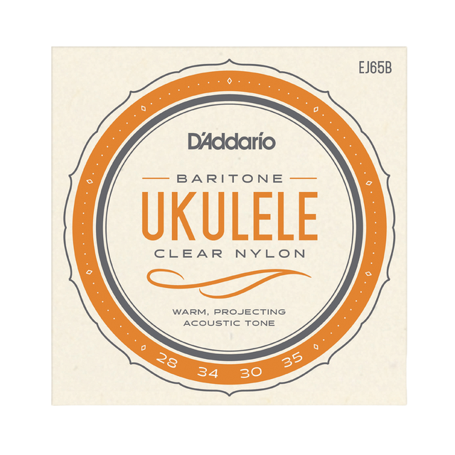 D'Addario Ukulele Baritone Clear Nylon guitar strings package, model EJ65B. The square cream-colored paper packaging features a prominent orange and dark gray circular graphic with the text 'D'Addario', 'UKULELE', and 'CLEAR NYLON'.