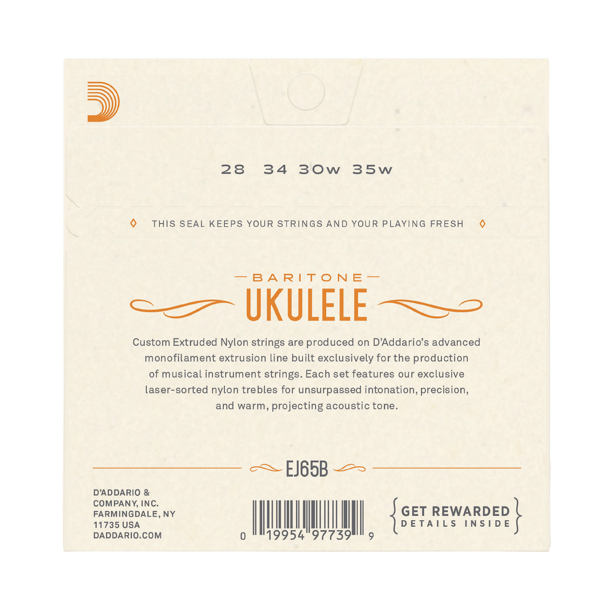 The back of a Baritone Ukulele string package by D'Addario, showing product information including string gauges 28, 34, 30w, 35w, model EJ65B, barcode, and branding on a cream-colored background.