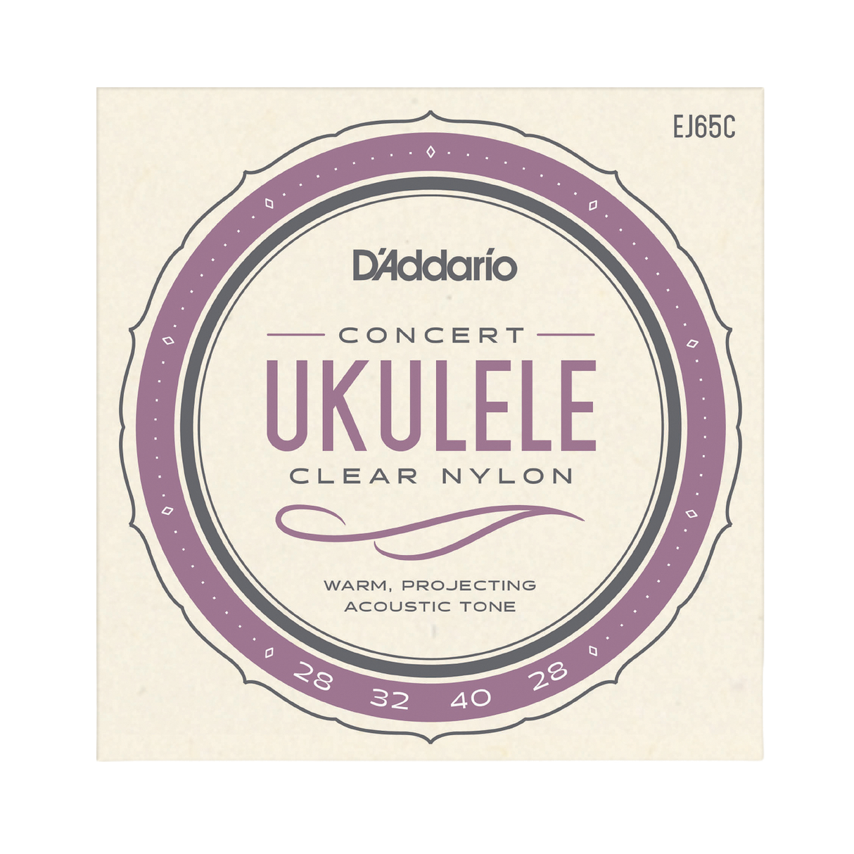 D'Addario Concert Ukulele Clear Nylon guitar strings package, model EJ65C, featuring a cream-colored square card with a purple and gray circular label design.