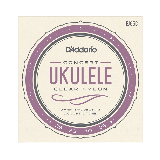 D'Addario Concert Ukulele Clear Nylon guitar strings package, model EJ65C, featuring a cream-colored square card with a purple and gray circular label design.