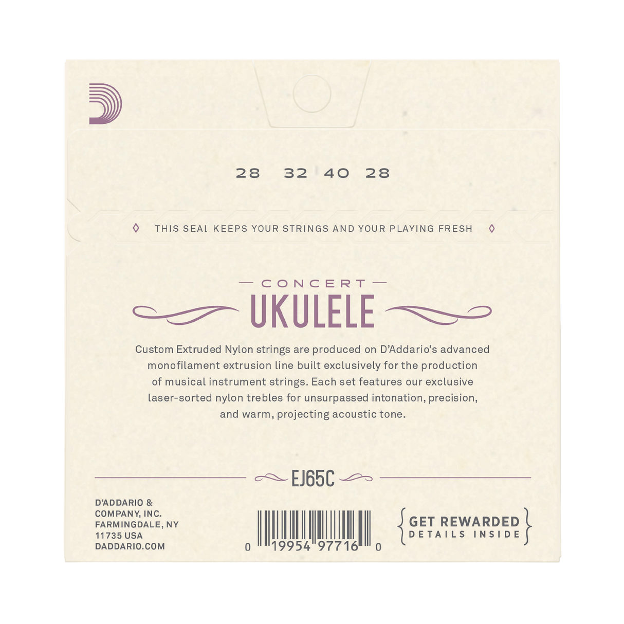 The back of a ukulele string packaging sleeve on a white background, featuring product details, model EJ65C, and D'Addario branding.