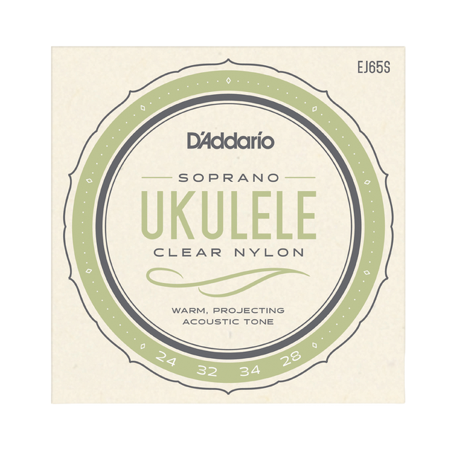 Packaging for D'Addario EJ65S ukulele strings with a beige background and green circle design with logos and string details.