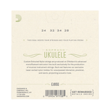 The back of a D'Addario Soprano Ukulele string package, showing product information, size numbers 24 32 34 28, a barcode, and the model EJ65S on a light beige background.