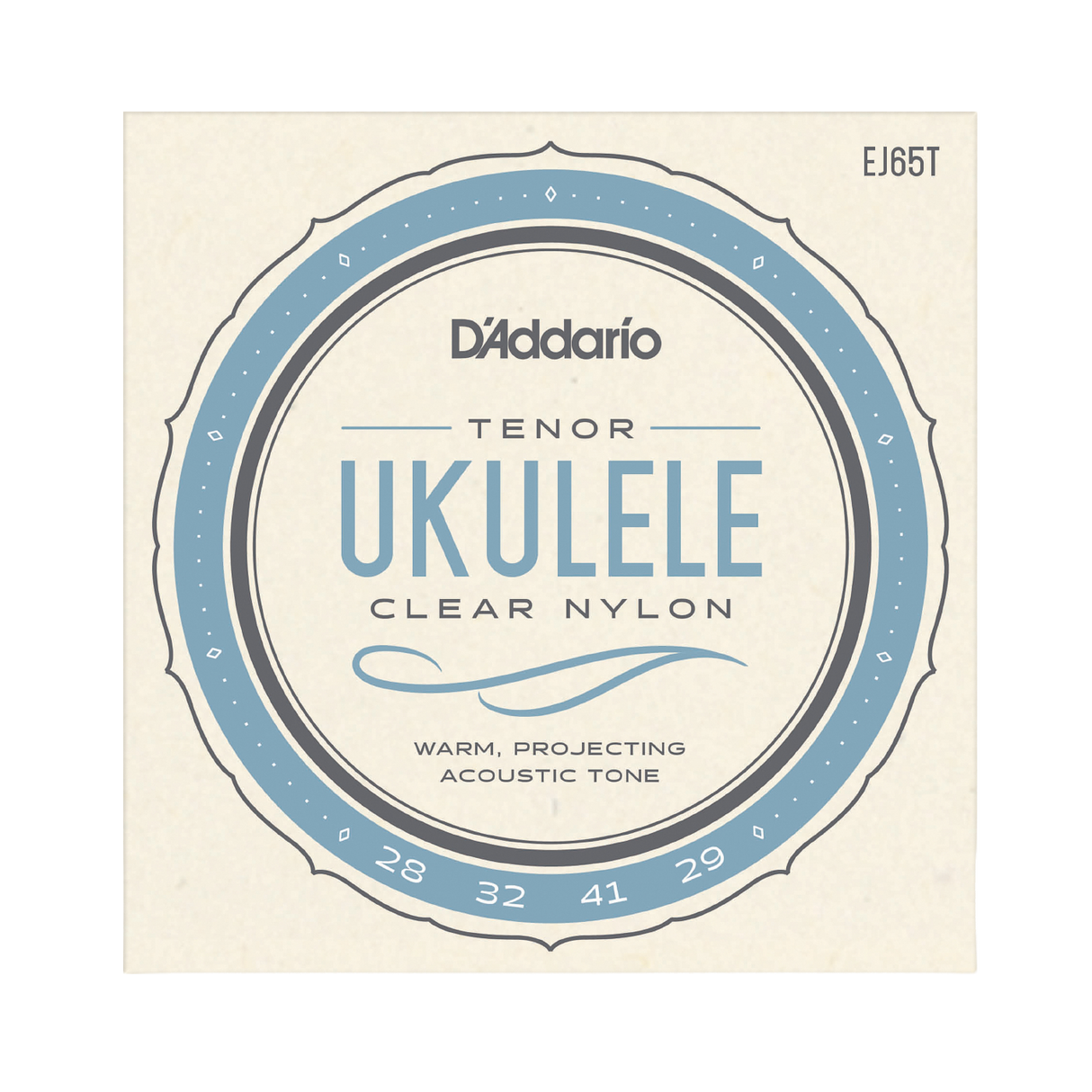 D'Addario Tenor Ukulele Clear Nylon guitar strings package, model EJ65T, featuring a cream-colored square card with a blue and gray circular graphic.
