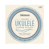 D'Addario Tenor Ukulele Clear Nylon guitar strings package, model EJ65T, featuring a cream-colored square card with a blue and gray circular graphic.