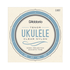D'Addario Tenor Ukulele Clear Nylon guitar strings package, model EJ65T, featuring a cream-colored square card with a blue and gray circular graphic.