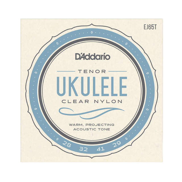 D'Addario Tenor Ukulele Clear Nylon guitar strings package, model EJ65T, featuring a cream-colored square card with a blue and gray circular graphic.