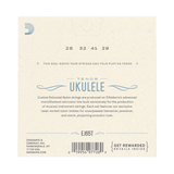 Back of a Tenor Ukulele string package, showing string gauges 28, 32, 41, 29, with D'Addario branding and a barcode on a light cream background.