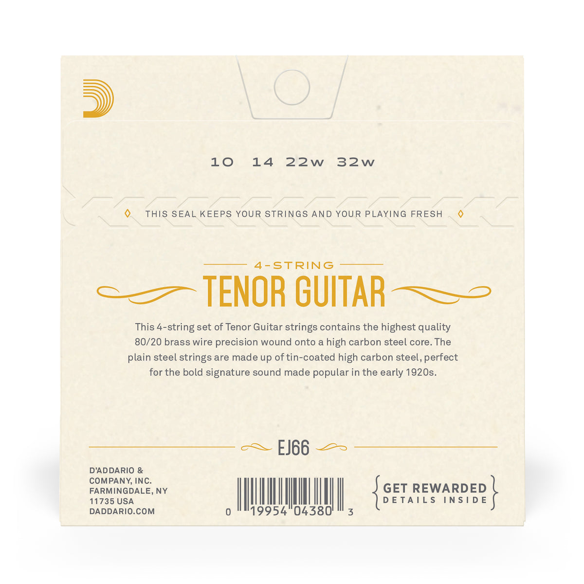 Back of packaging for D'Addario EJ66 tenor guitar strings with brand and product details.