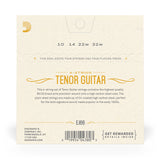Back of packaging for D'Addario EJ66 tenor guitar strings with brand and product details.