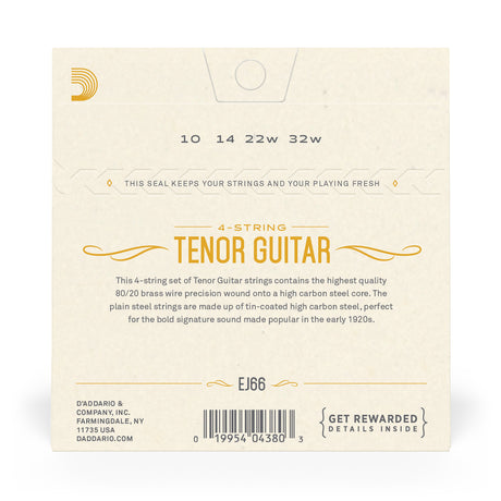Back of packaging for D'Addario EJ66 tenor guitar strings with brand and product details.