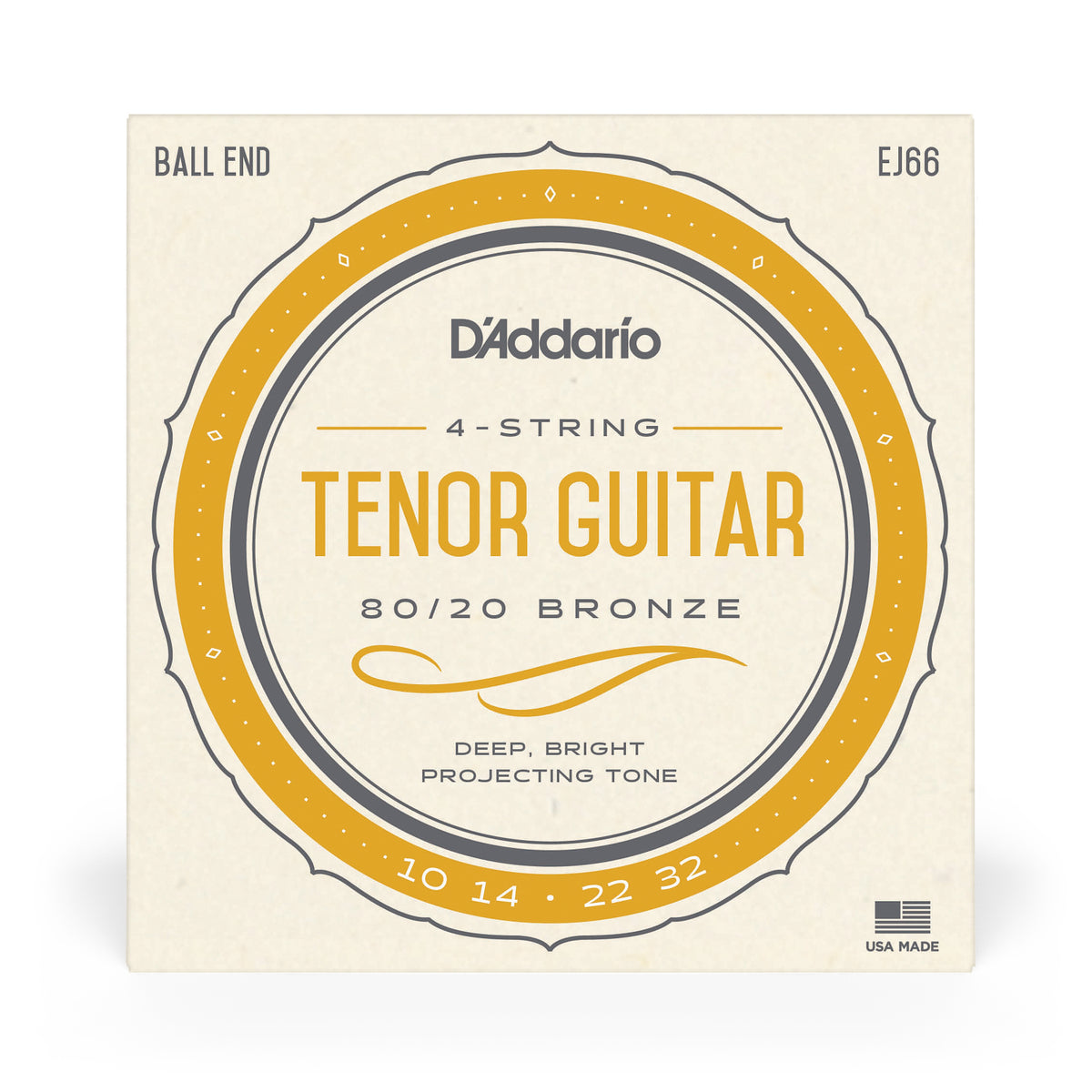 Front of packaging for D'Addario's EJ66 tenor guitar strings with brand and product details.