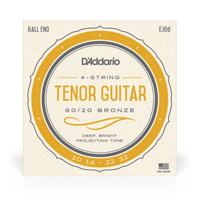 Front of packaging for D'Addario's EJ66 tenor guitar strings with brand and product details.