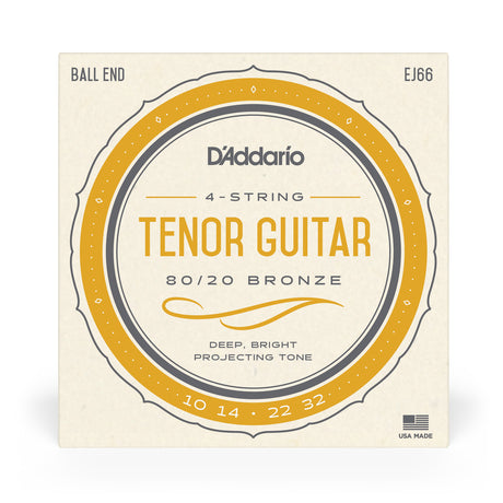 Front of packaging for D'Addario's EJ66 tenor guitar strings with brand and product details.