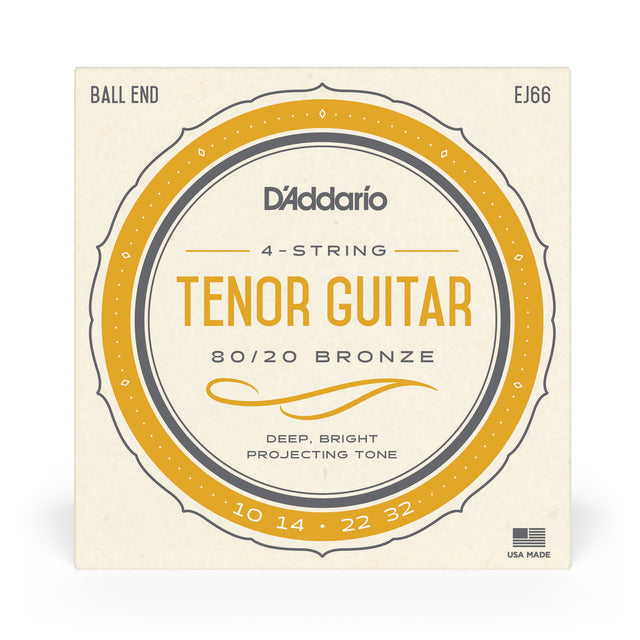 Front of packaging for D'Addario's EJ66 tenor guitar strings with brand and product details.