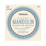 D'Addario 8-string mandolin string box cover for Phosphor Bronze, light loop end, size EJ73, featuring a cream background with blue and gray circular graphics.
