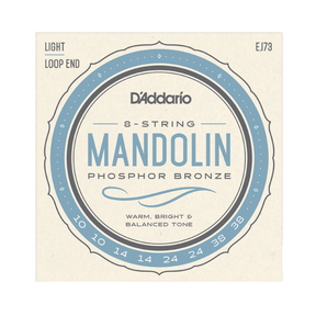 D'Addario 8-string mandolin string box cover for Phosphor Bronze, light loop end, size EJ73, featuring a cream background with blue and gray circular graphics.