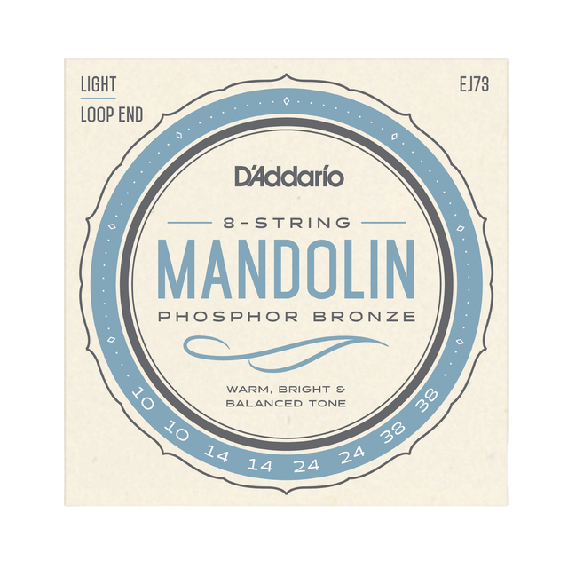 D'Addario 8-string mandolin string box cover for Phosphor Bronze, light loop end, size EJ73, featuring a cream background with blue and gray circular graphics.
