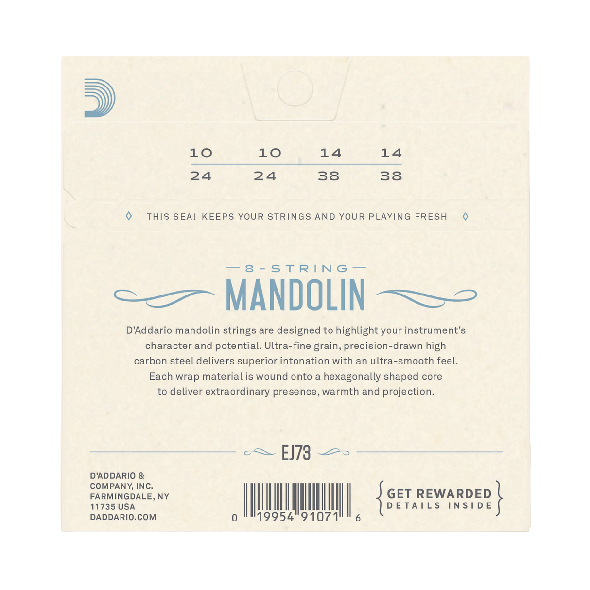 Back of a D'Addario 8-string mandolin string package, showing string gauge numbers 10, 14, 24, 38, and 38, product text, a barcode, and the D'Addario brand name on a cream background.