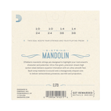 Back of a D'Addario 8-string mandolin string package, showing string gauge numbers 10, 14, 24, 38, and 38, product text, a barcode, and the D'Addario brand name on a cream background.