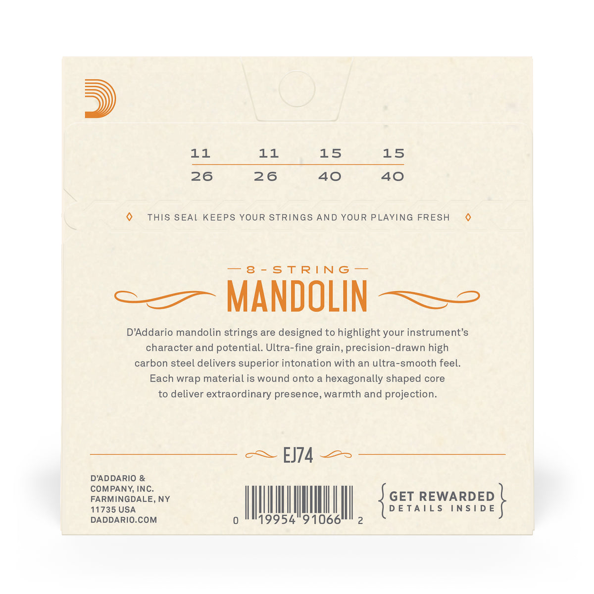 Back of packaging for D'Addario EJ74 mandolin strings with brand and product details.