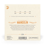 Back of packaging for D'Addario EJ74 mandolin strings with brand and product details.