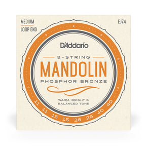 Front of packaging for D'Addario EJ74 mandolin strings with brand and product details.