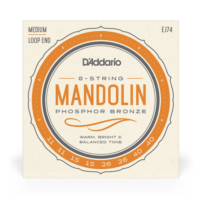 Front of packaging for D'Addario EJ74 mandolin strings with brand and product details.