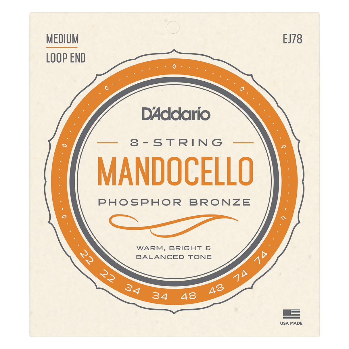 Packaging for D'Addario EJ78 mandocello strings with a beige background and light orange circular design. Includes product details.