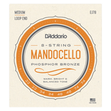Packaging for D'Addario EJ78 mandocello strings with a beige background and light orange circular design. Includes product details.