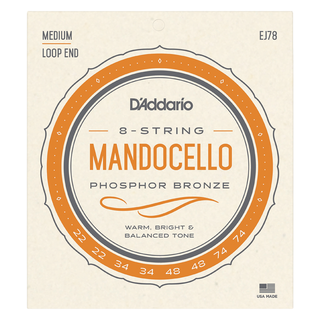 Packaging for D'Addario EJ78 mandocello strings with a beige background and light orange circular design. Includes product details.