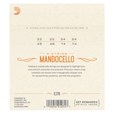 The back of packaging for D'Addario EJ78 mandocello strings with a beige background and product information including barcode.
