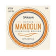 Packaging for D'Addario EJ80 octave mandolin strings with beige background and light orange circular design with product details.