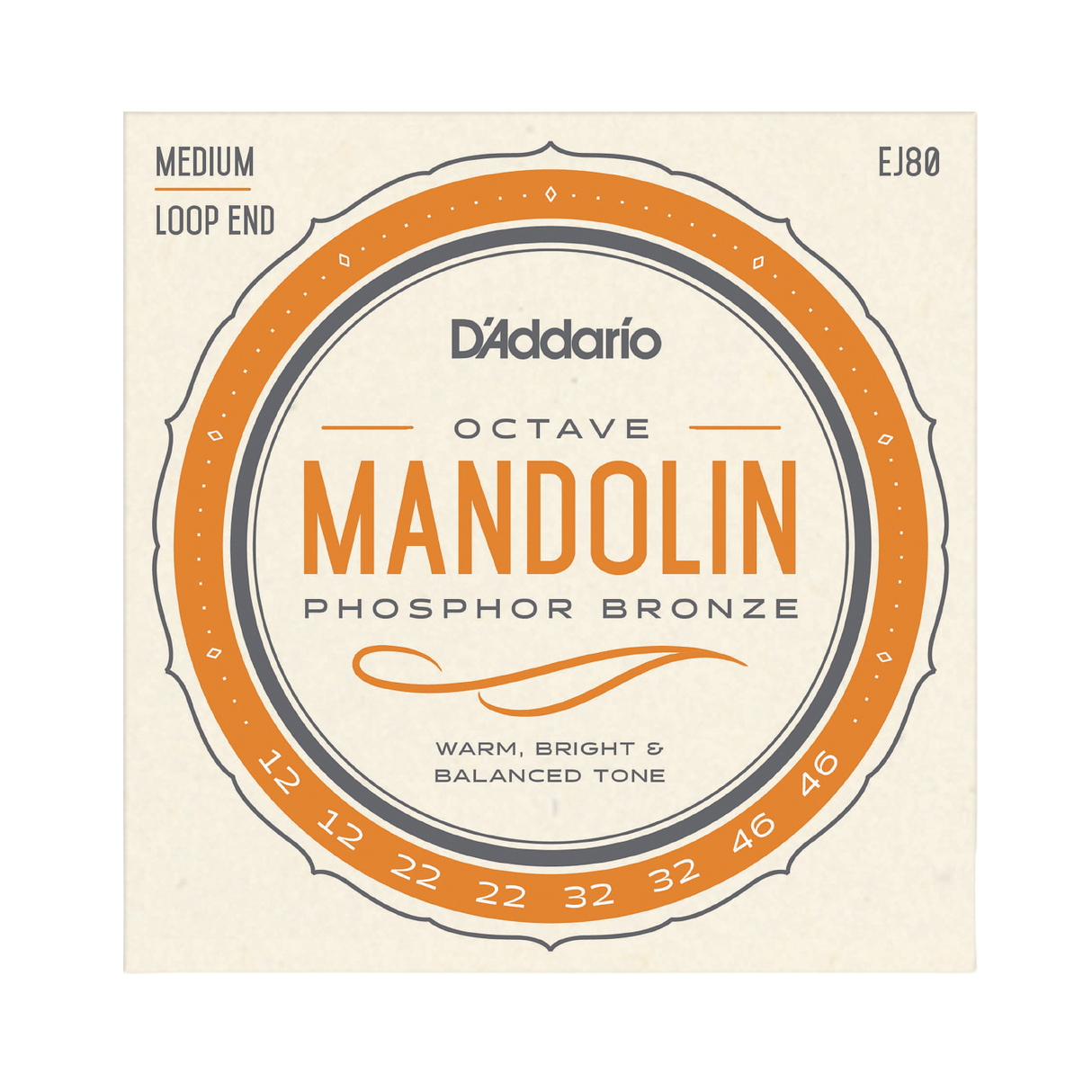Packaging for D'Addario EJ80 octave mandolin strings with beige background and light orange circular design with product details.