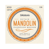 Packaging for D'Addario EJ80 octave mandolin strings with beige background and light orange circular design with product details.
