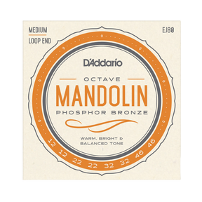 Packaging for D'Addario EJ80 octave mandolin strings with beige background and light orange circular design with product details.