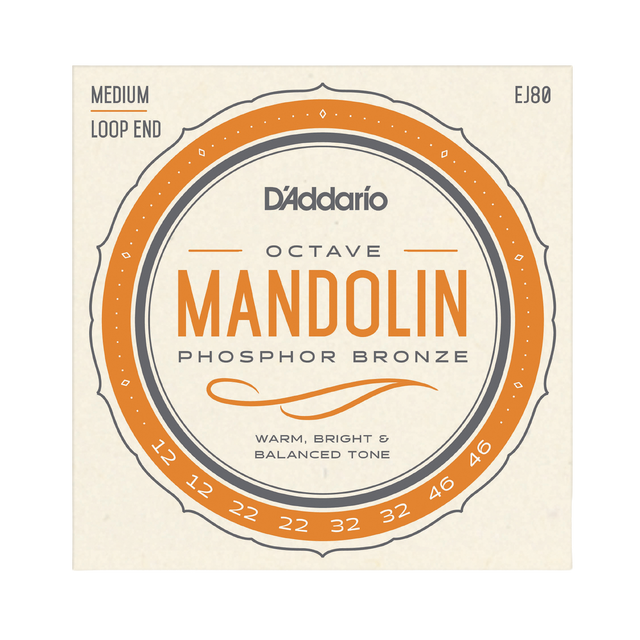 Packaging for D'Addario EJ80 octave mandolin strings with beige background and light orange circular design with product details.