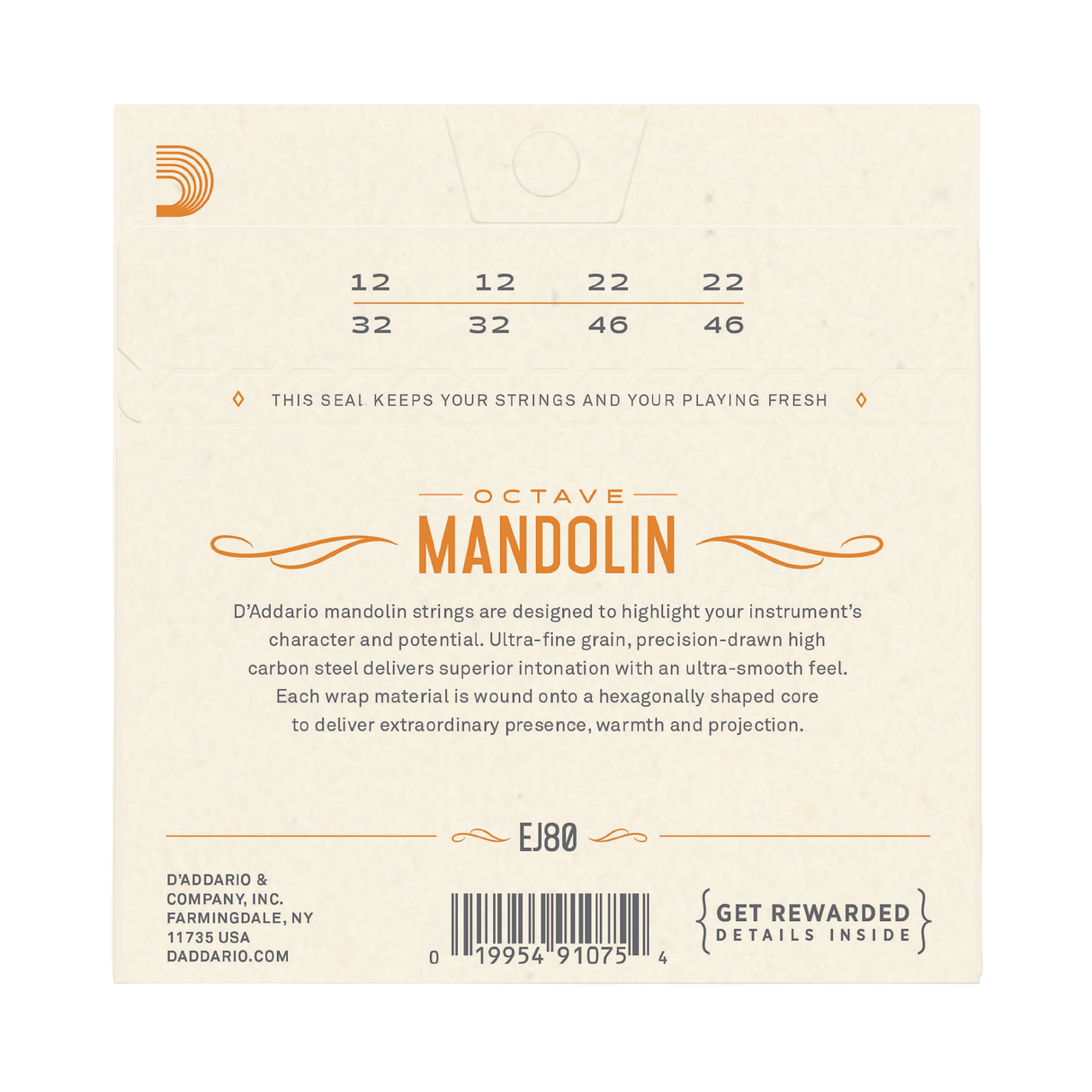 Back of packaging for D'Addario EJ80 octave mandolin strings with product details including barcode.