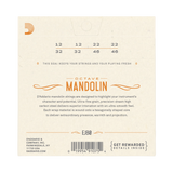 Back of packaging for D'Addario EJ80 octave mandolin strings with product details including barcode.