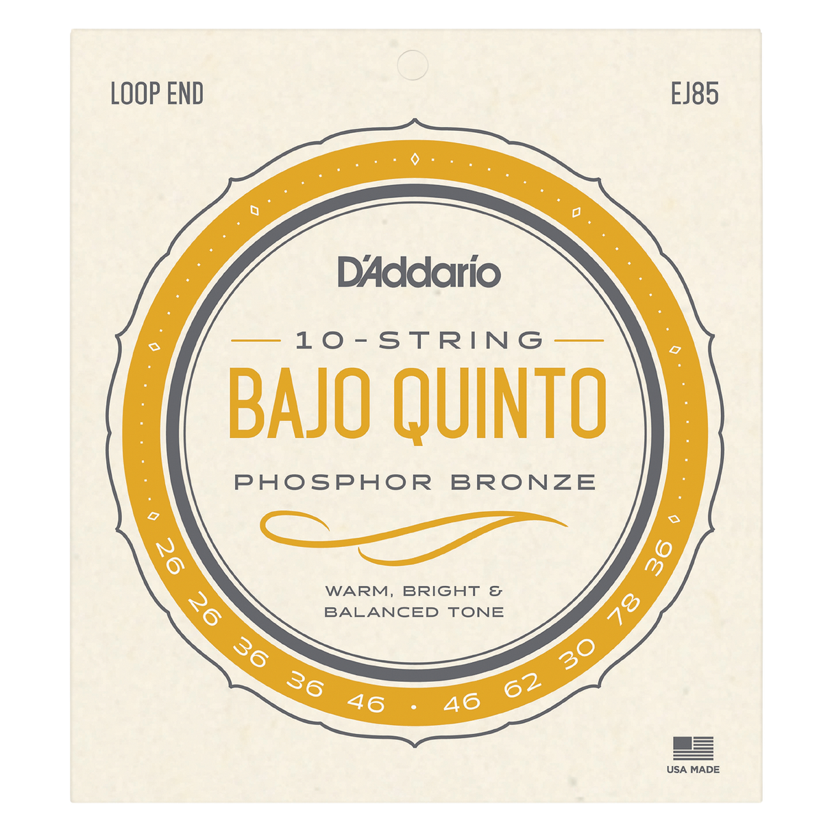 Packaging for D'Addario EJ85 bajo quinto strings with a beige backgorund and light orange circular design with product details.