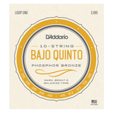 Packaging for D'Addario EJ85 bajo quinto strings with a beige backgorund and light orange circular design with product details.